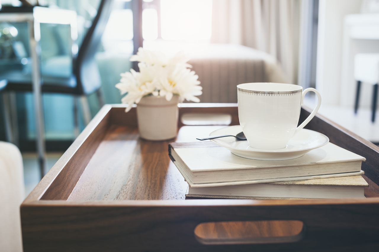 Coffee-cup-Book-white-flower-on-wooden-tray-Interior-decoration